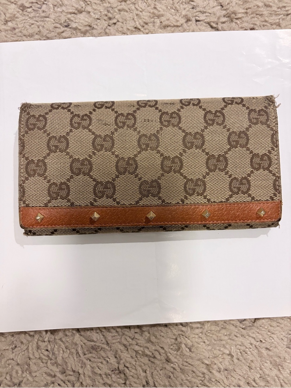 Gucci Brown Beige Monogram Continental Wallet with Stud Trim